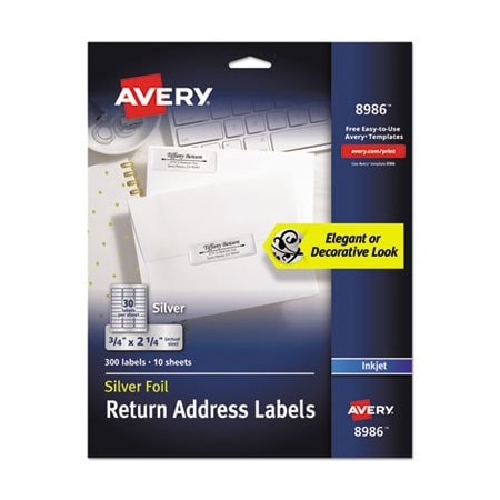 Avery Dennison Ink Jet Silver Foil Labels, Mail, 3/4x2-1/4in 300/PKin 8986